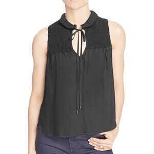 Free People Ruffle Me Up Tank Top Black Small Boho Smocked Flowy Tie Neck